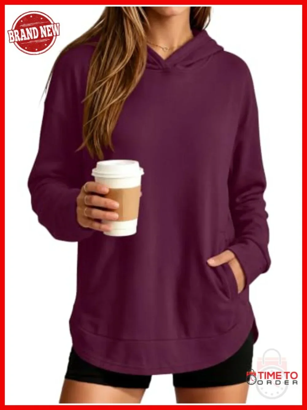 Loose Fit Long Sleeve Hoodie with Pockets Fleece Pullover Hi-Low Hem